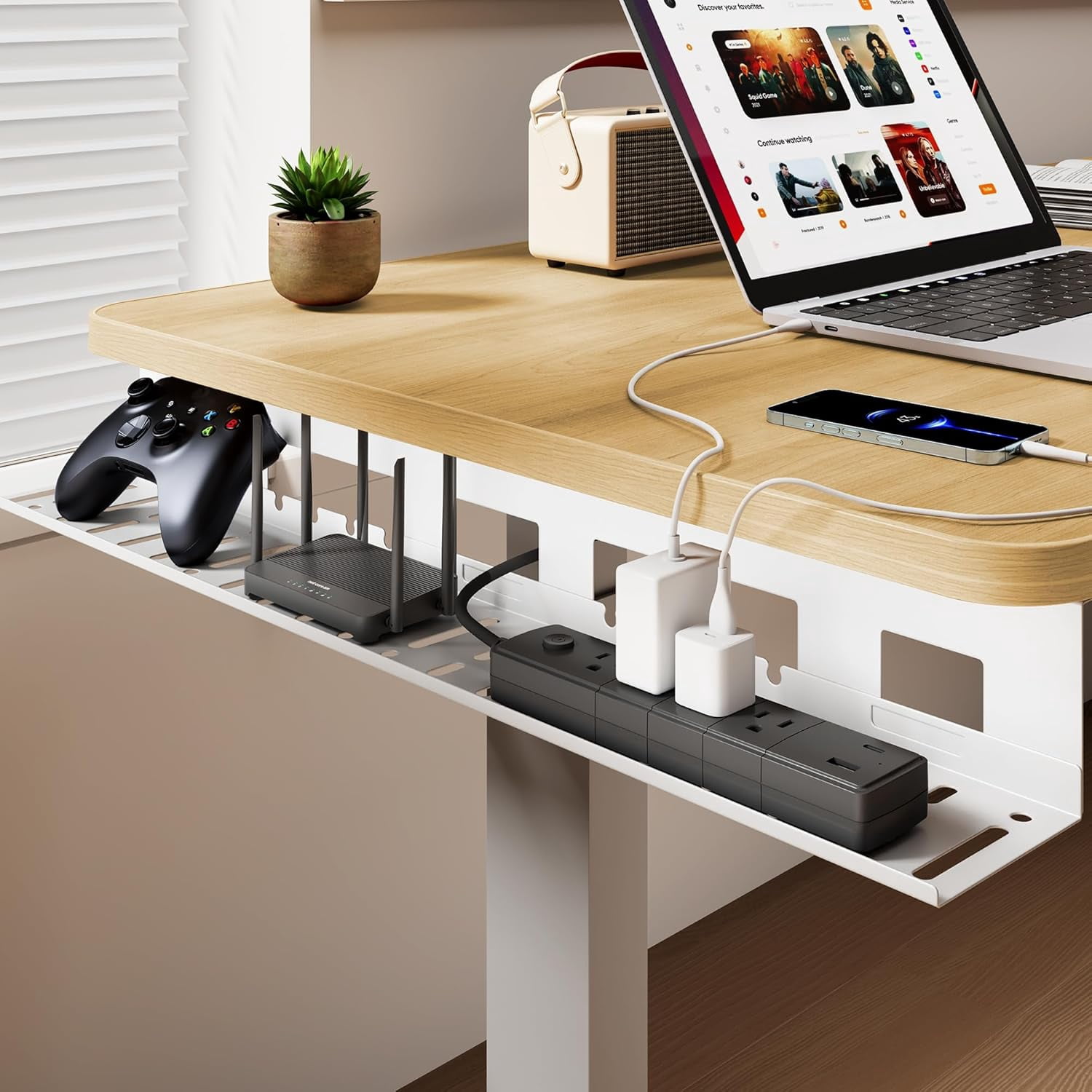 Under Desk Cable Management Tray, 31.5" Metal Cord Organizer Rack for Power Strips, Wires & Chargers, Easy Mounting Desk Tray for Home Office, White
