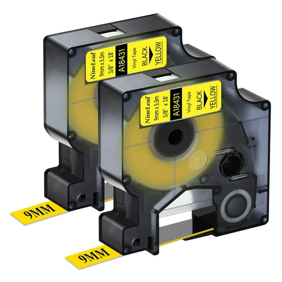 NineLeaf 2PK Compatible for DYMO 18431 3/8" x 18' (9mm x 5.5m) Black on Yellow Industrial Vinyl Label Maker Tape for Rhino 4200 5200 Label Maker