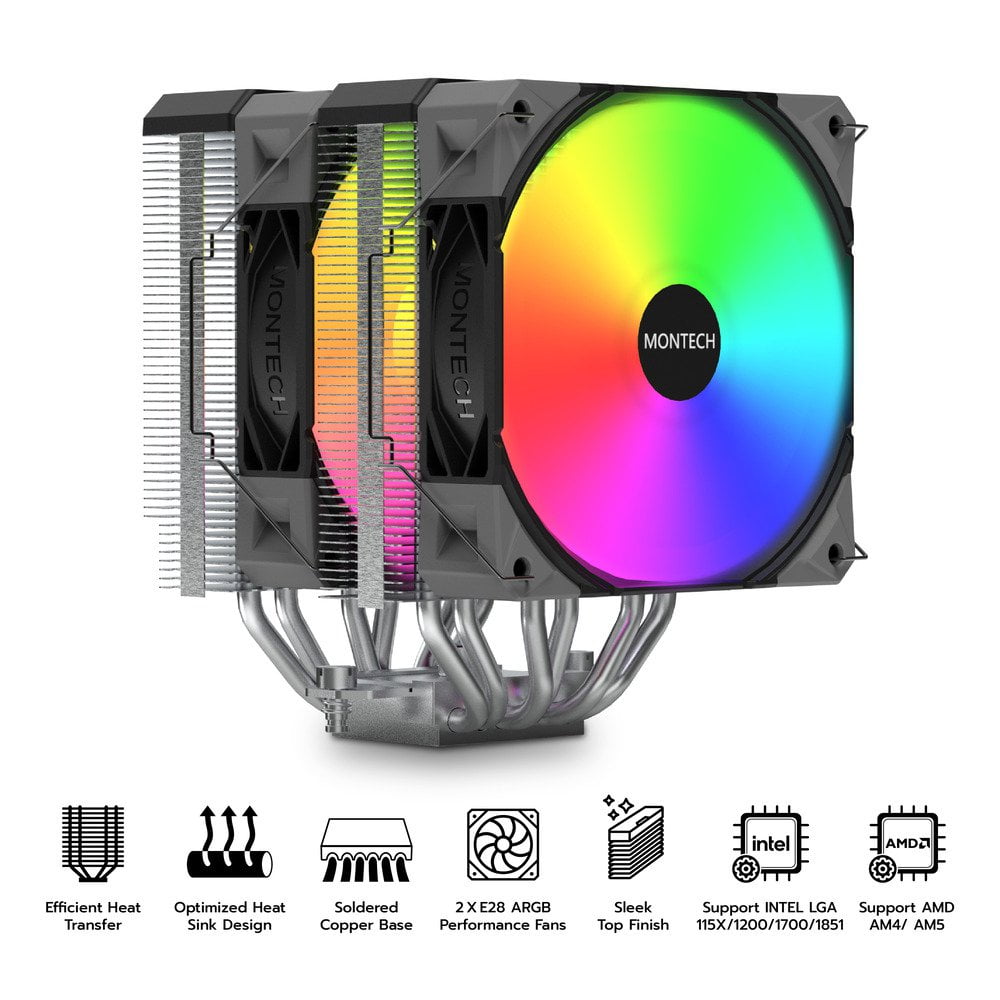MONTECH NX600 ARGB Dual-Tower CPU Air Cooler with 6 Heatpipes & Premium Top Cover, Black