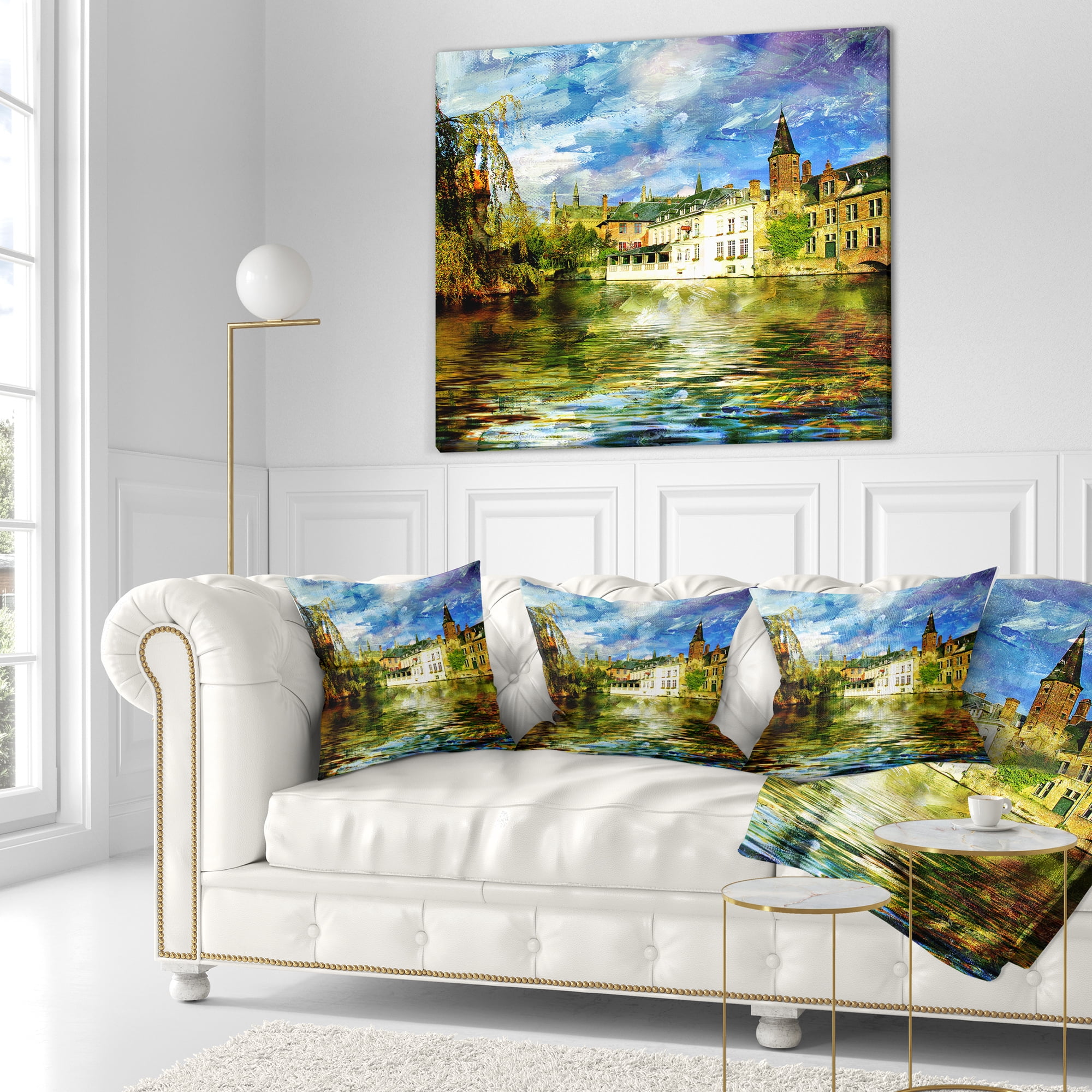 Designart Old Belgium Channel - Landscape Photography Throw Pillow - 18x18