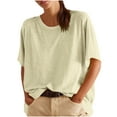 thumbnail image 1 of Camisas de Manga Corta para las Mujeres Casual Cuello Redondo Sólido, Mezcla de Algodón Moda de Verano Blusa Superior, 1 of 9