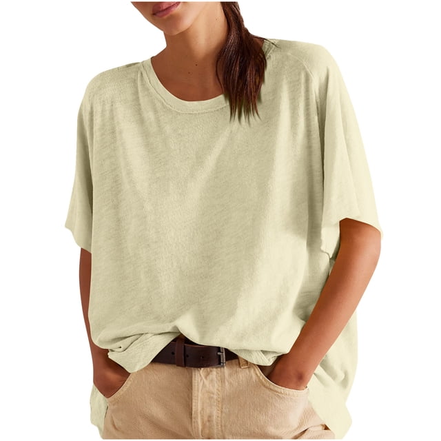 Camisas de Manga Corta para las Mujeres Casual Cuello Redondo Sólido, Mezcla de Algodón Moda de Verano Blusa Superior