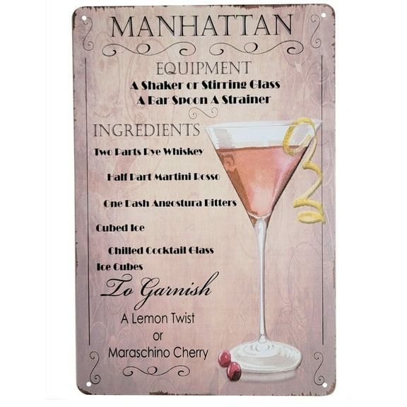 MANHATTAN 12" x 8" Popular Cocktails and Drink Mix Recipes Menu Metal Sign