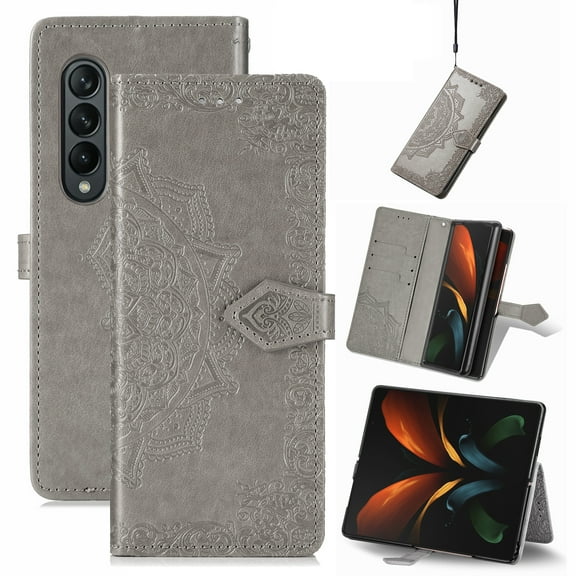 TECH CIRCLE for Samsung Galaxy Z Fold 4 Wallet Case, Durable Floral Magnetic Flip Kicktand Hand Strap Premium PU Leather Phone Cover with Card Slots Holder for Samsung Galaxy Z Fold 4 2022,Gray