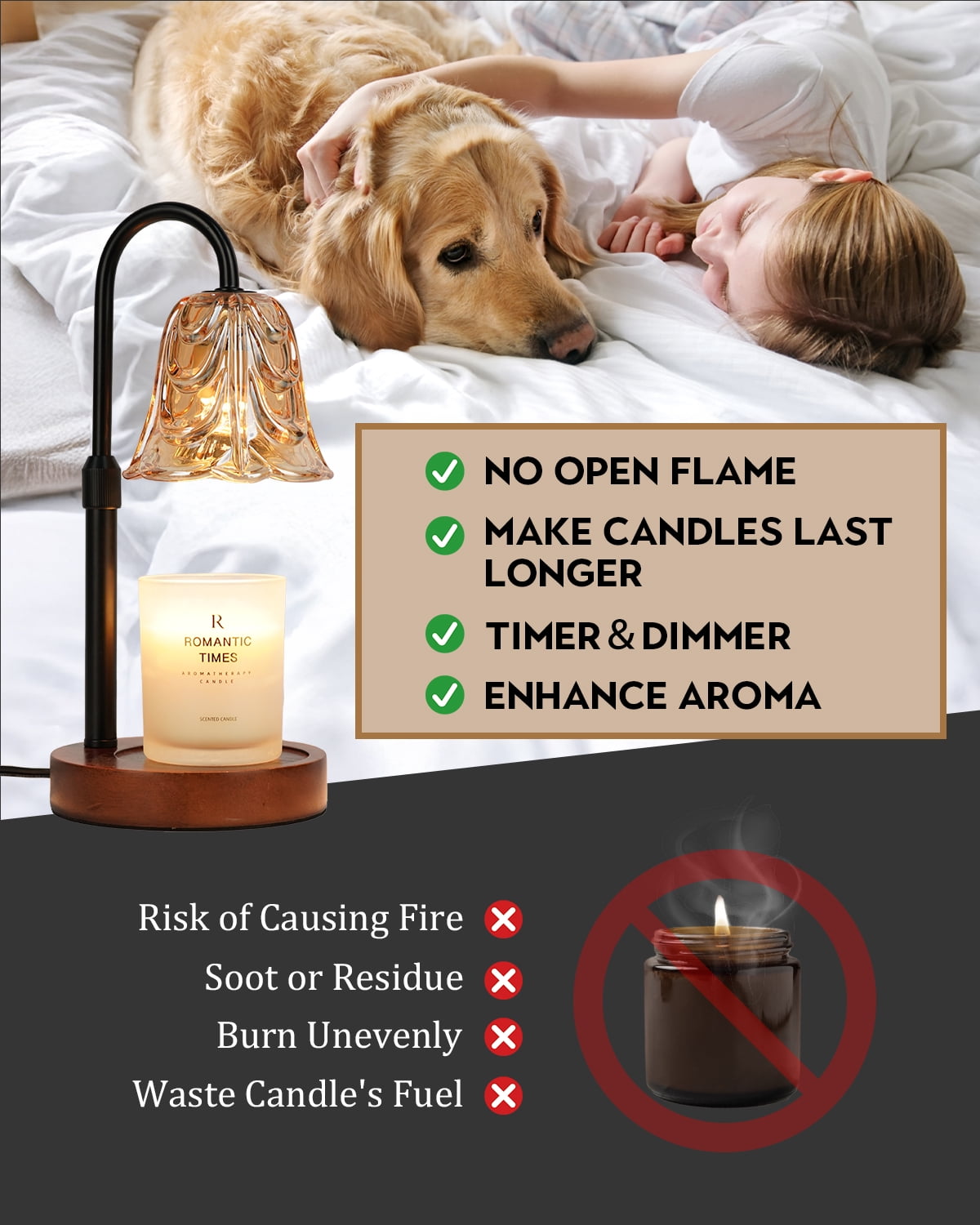 Funistree Candle Warmer Lamp with Timer, Adjustable Amber Wax Warmer for Jar Candles, Cute Wood Base Wax Melter for Women Daughter Girl, House Warming Birthday Gift