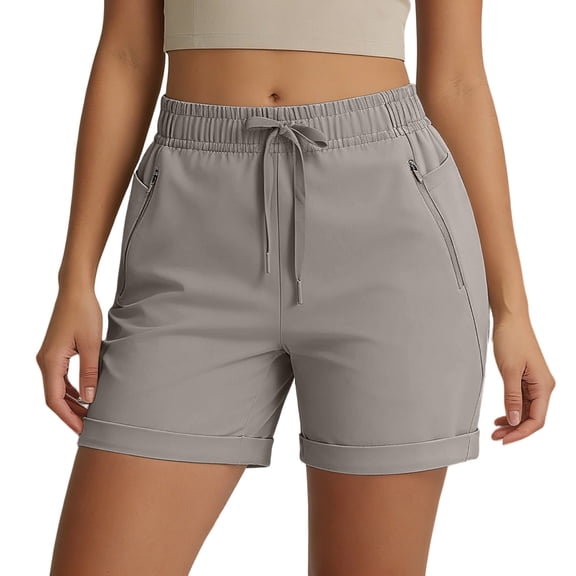 KyCheLot Shorts for Women Solid Color Drawstring Elastic Waist Shorts with Zipper Pockets Summer Rolled Hem Outfits