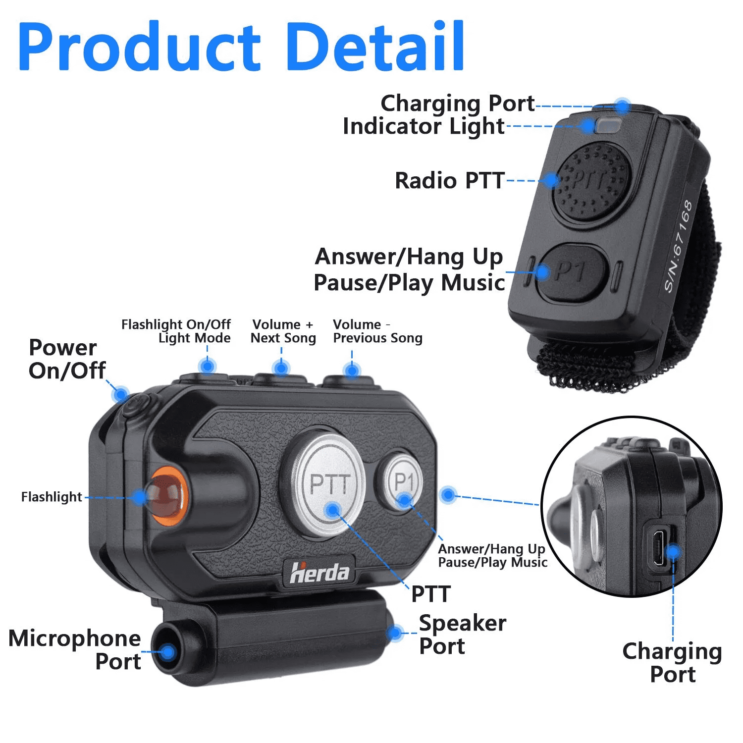 Helmet Headset with Torch and Handlebar PTT Controller - with K1 Radio Bluetooth Adapter