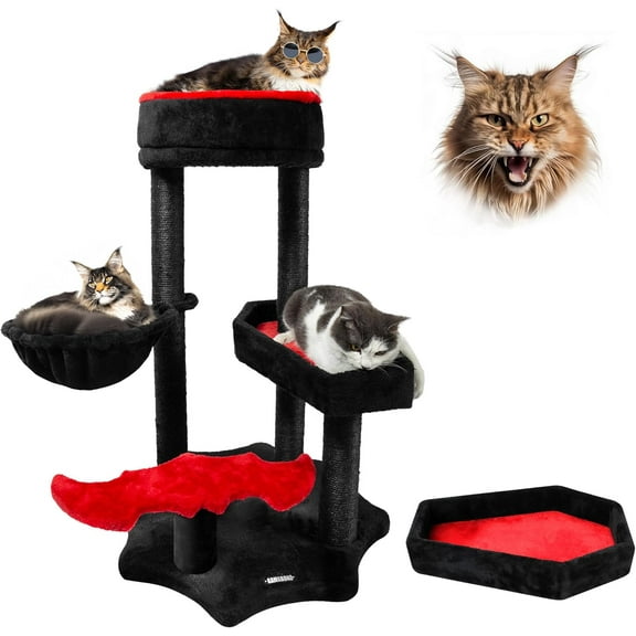 Osmanthus Gothic Cat Tree with Coffin Bed, 34.2” Black Cat Tower for Indoor Cats with with Sisal Scratching Posts, Bat-Shaped Auxiliary Treads, Hammock, Halloween Cat Furniture for Large Cats