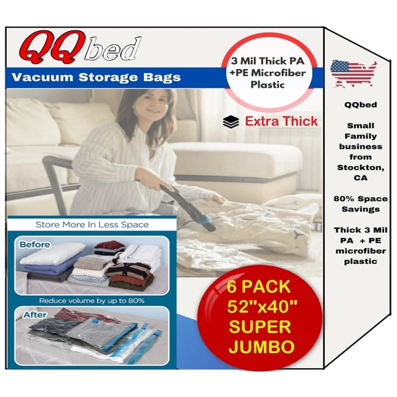 QQbed Vacuum Storage Bags Space Saver for Clothes and Bedding, 40 x 52 in, Jumbo, 6 Pack