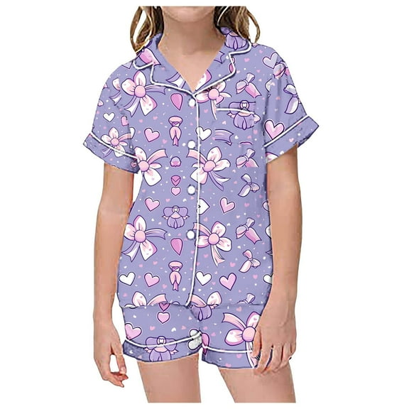 Girls Pajamas Set Bow Silk Pajama Set Short Sleeve Button-Down Top Shorts Set Set Kids 6-7 Years Girls Pajamas