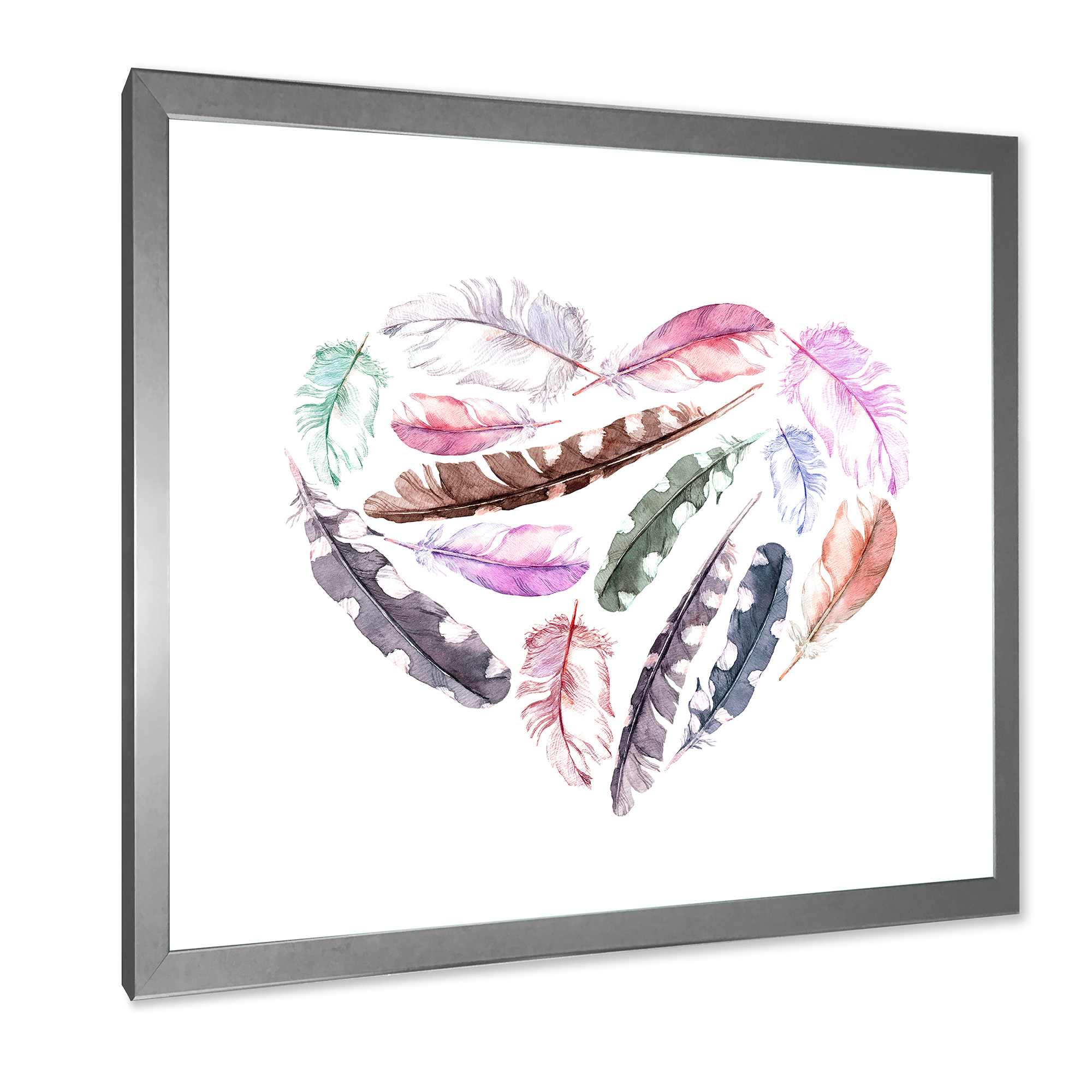 Designart 'Retro Pink Bird Feathers With Heart' Bohemian & Eclectic Framed Art Print