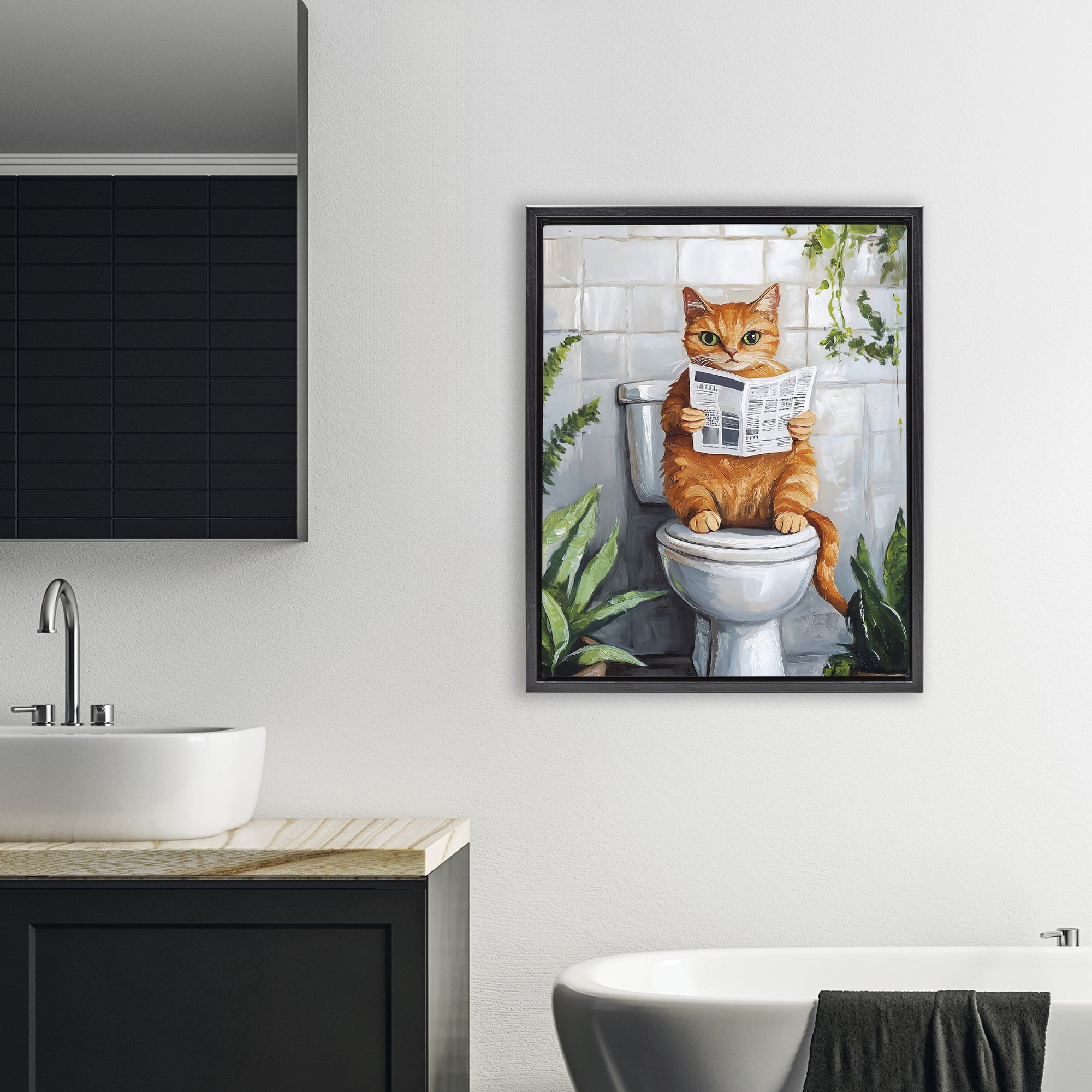 Stupell Industries Orange Cat Reading Paper Black Framed Floater Canvas Wall Art, design by The Prints Vibe