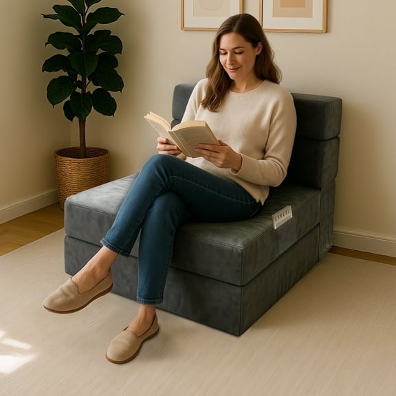 HYEASTR Folding Sofa Bed - Memory Foam Fold Out Couch Futon Couch Guest Bed with Pillow - Portable Foldable Sleeper Chair with Washable Cover for Living Room/Dorm/Guest/Home Office,Grey