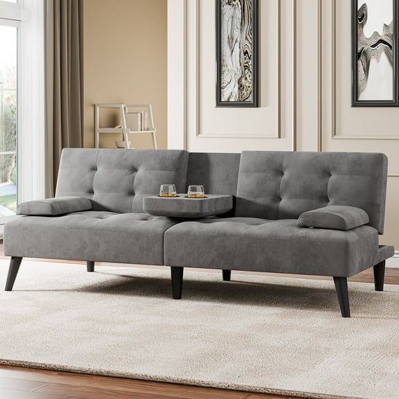 Walsunny 64" Sofa Bed Futon Couches, Folding Loveseat Recliner with 3-Angle Adjustment, Removable Arms 2 Cup Holders for Small Spaces,Gray