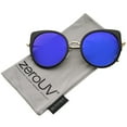 thumbnail image 1 of zeroUV Female Women's Slim Temples Colored Mirror Flat Lens Round Cat Eye Sunglasses 54mm (Black-Gold / Blue Mirror) - 54mm, 1 of 5