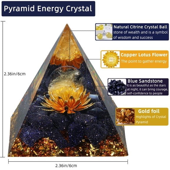 Orgone Pyramid for Positive Energy, Orgonite Citrine&Blue Sandstone Stones Healing Crystals Pyramid for Reduce Stress Chakra Reiki Healing Meditation Attracts Lucky and Success