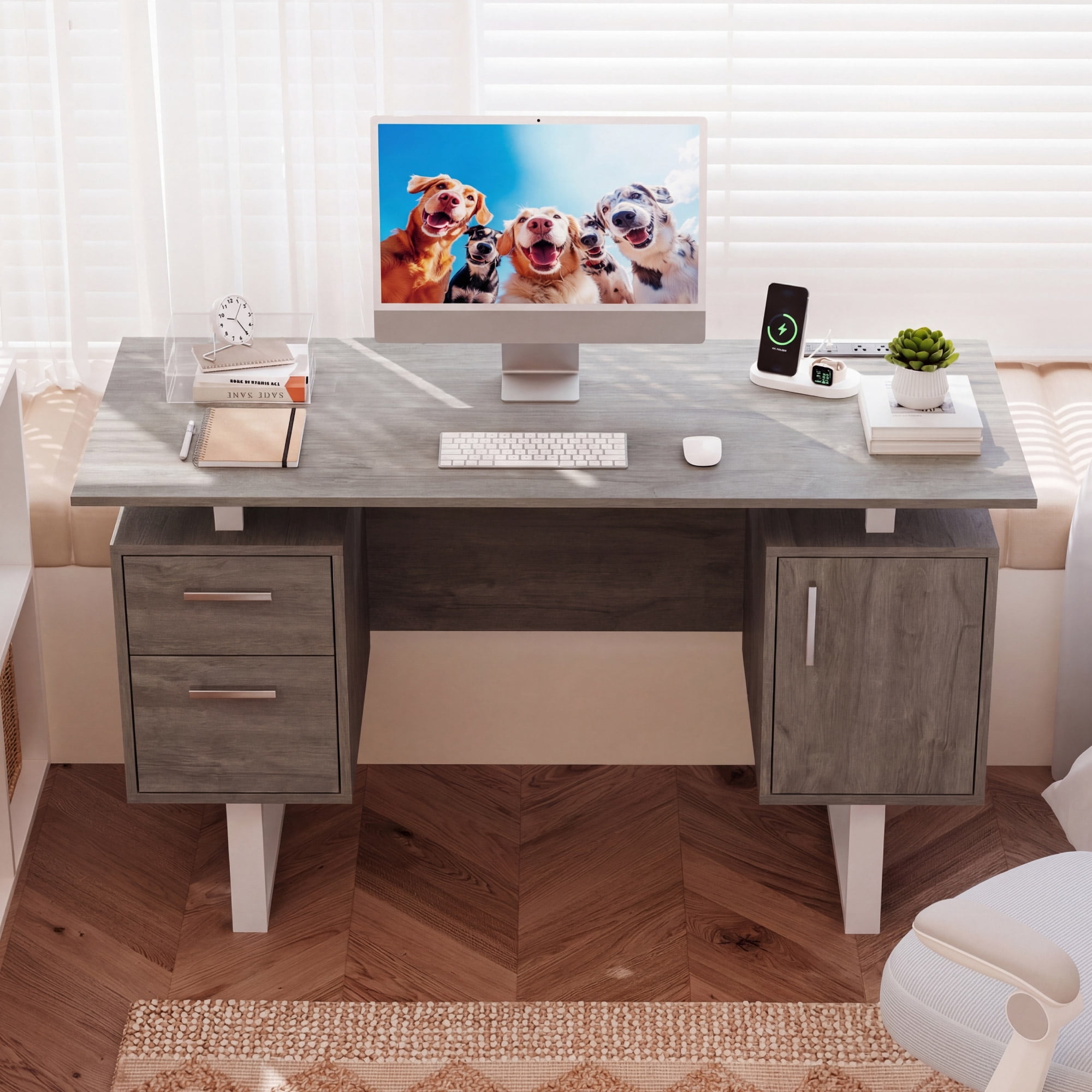 Furnibear Computer Desk with 2 Drawers and Storage Cabinet, Modern Home Office Desk with Built-in Outlets, USB Ports, Gray