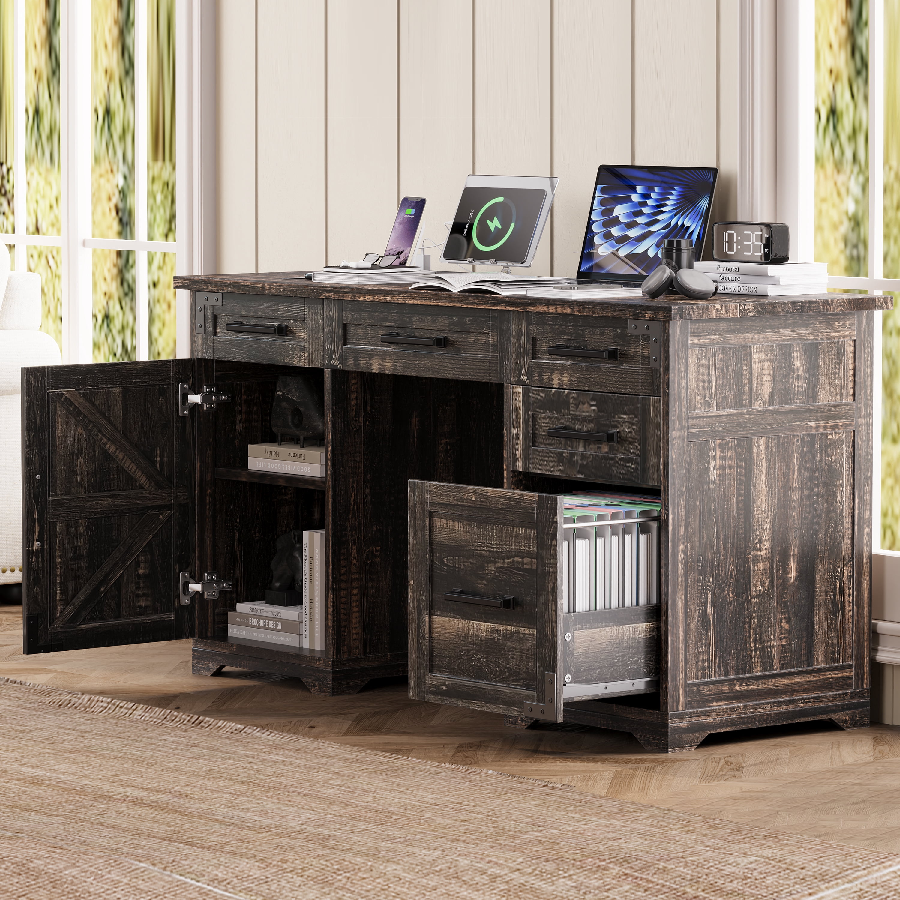 Aukfa 55" Farmhouse Executive Desk with Charging Station, Home Office Computer Desk with File Drawer & Storage Cabinet,Rustic Gray
