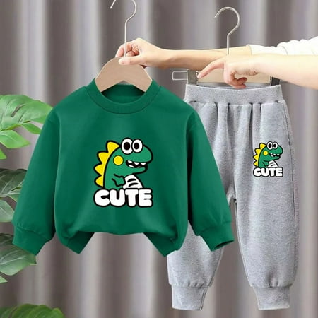 

ATOGUTA Toddler Boys Girls Outfits Dinosaur 2-Piece Long Sleeve Fleece Sweatshirt Top and Pant Playwear Set Green Size 3T-10