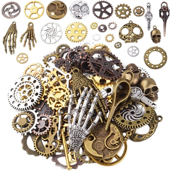 100g Assorted Colors Antique Metal Steampunk Clock Gear Cog Wheel Skull Key Skull Hand Safety Pin Charms Pendant Jewelry Charms for Craft Jewelry Making (Approx 76pcs)