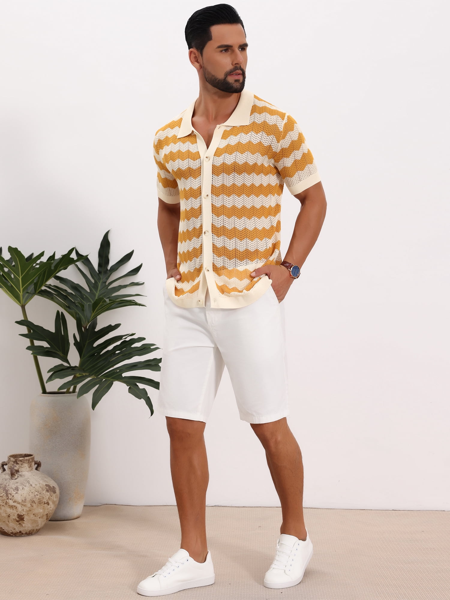 DARING DIVA Men's Wave Crochet Hollow Out Button Down Striped Shirts XL Yellow