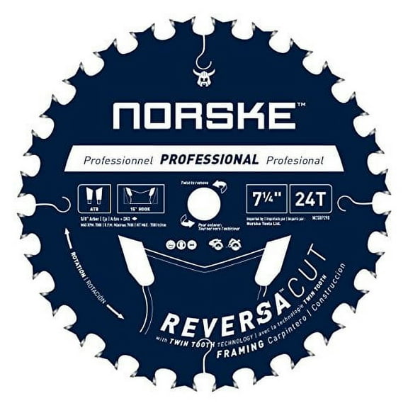 Norske Tools NCSBP290 7-1/4 inch x 24 Teeth Reversa Cut Thin Kerf Framing Saw Blade Japanese Steel 5/8 inch Bore with Diamond Knockout One Blade with Double Life Time