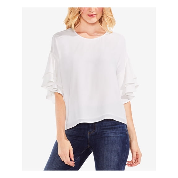 VINCE CAMUTO Womens White Ruffled 3/4 Sleeve Jewel Neck Top Size: S