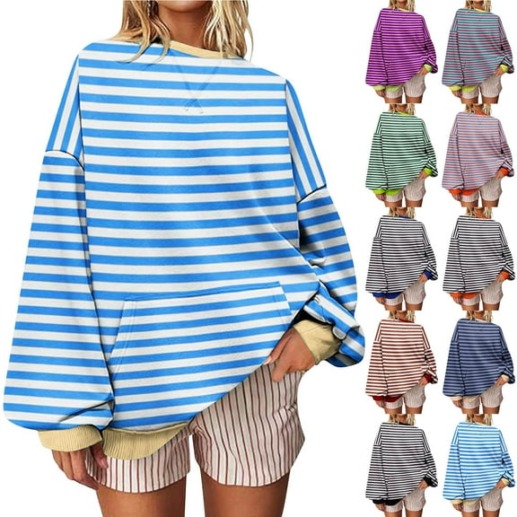 Miluxas Women Oversized Striped Crewneck Sweatshirt Long Sleeve Color Block Pullover Tops Casual Loose Workout Clothes Red XL(XL)