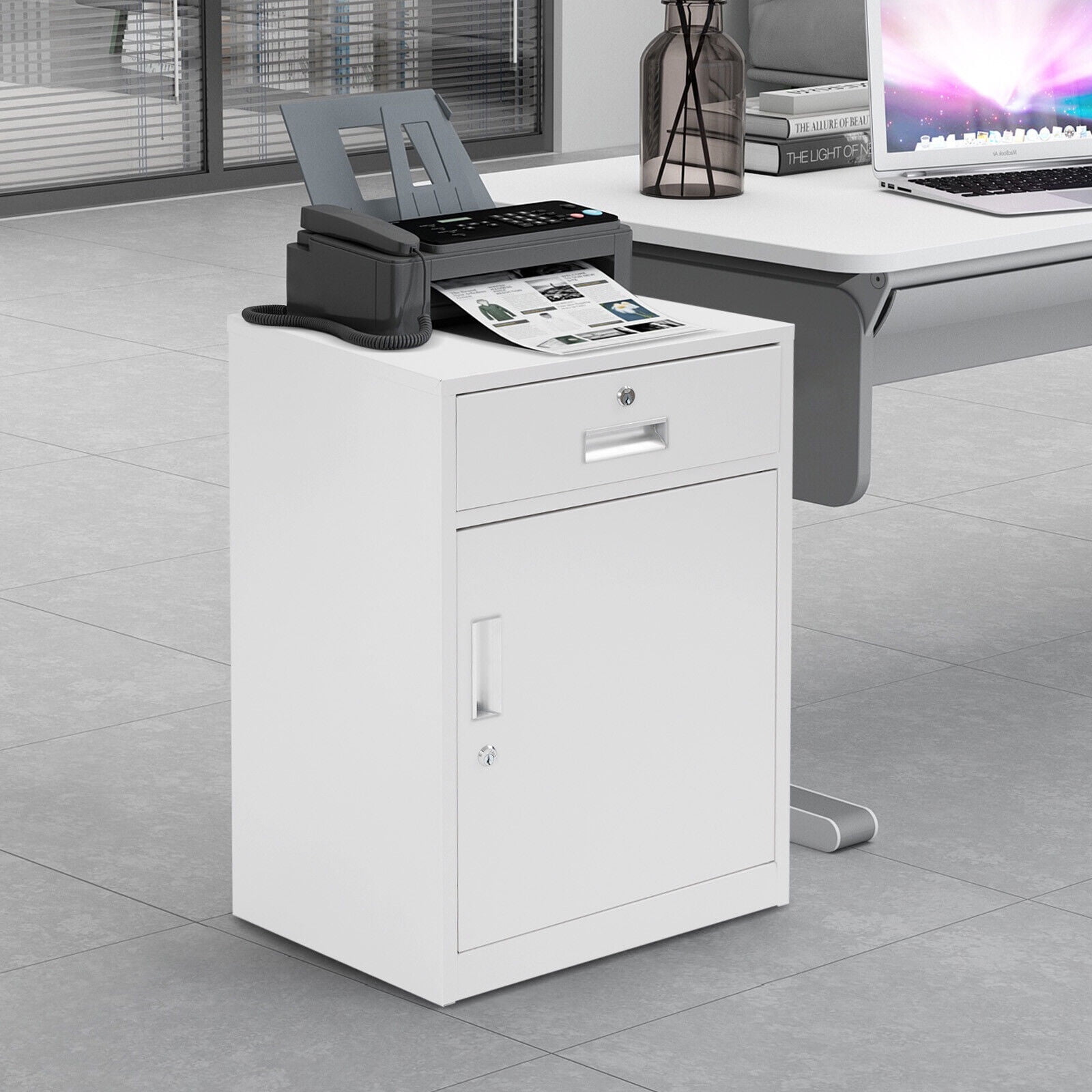 Lockable Storage Cabinet - White Under Desk Office Cabinet, Vertical File Organizer with Lock, Compact File Storage for Home, Office, and Workspace Organization