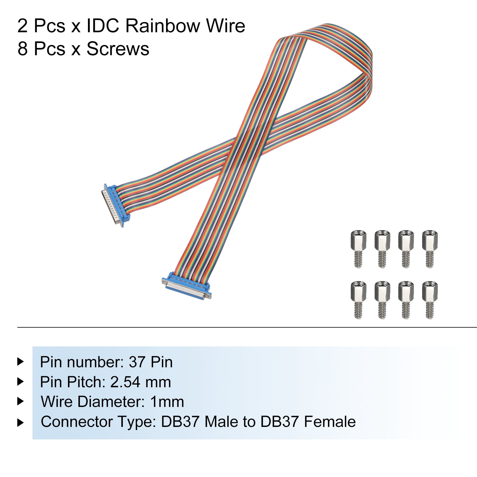 2 Pcs IDC Rainbow Wire Flat Ribbon Cable DB37 Male to DB37 Female 39 Inch Length 2.54mm Pitch Breadboard Jumper Wires for Electronic Projects