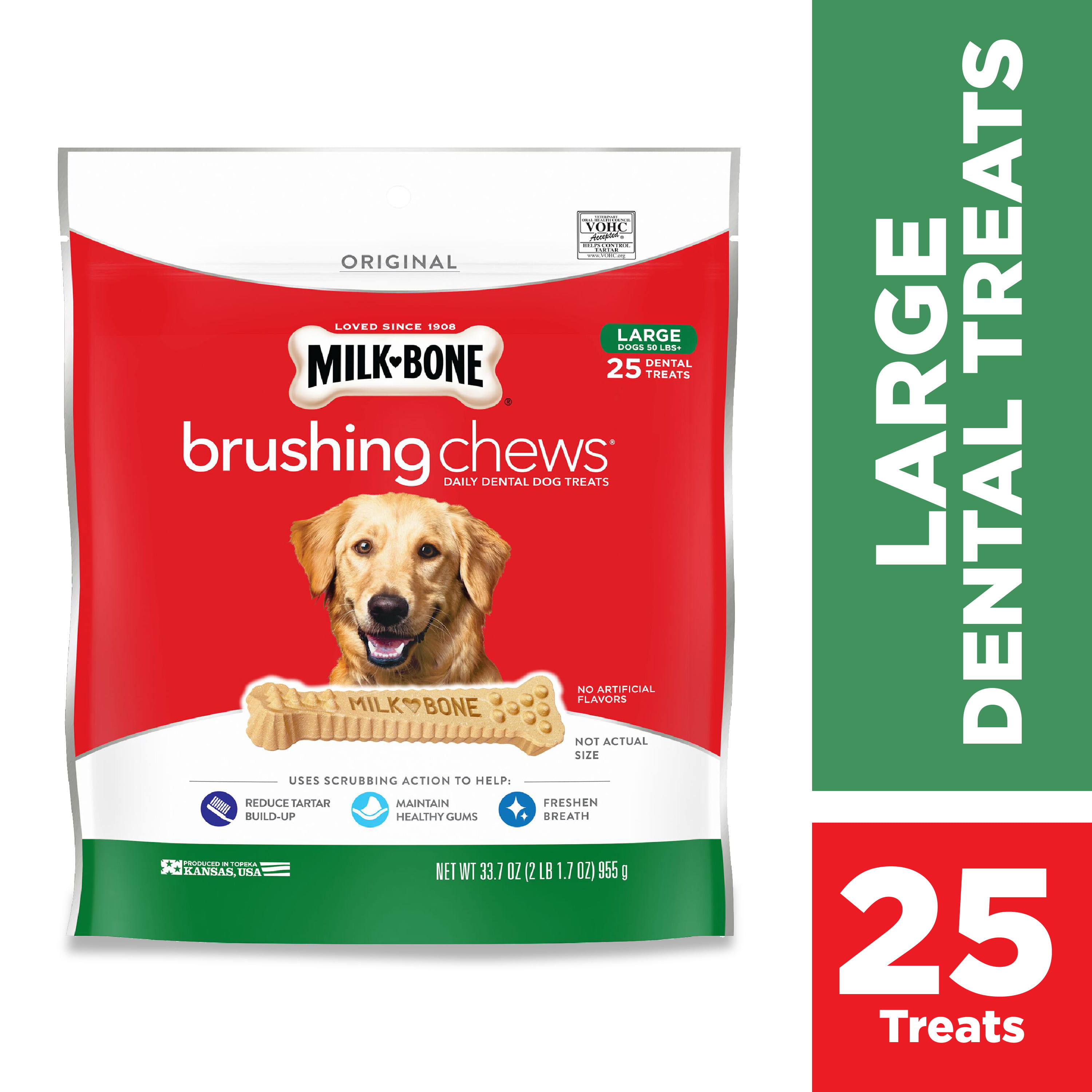 Milk-Bone Brushing Chews Daily Dental Dog Treats, Large, 33.7 Ounces, 25 Bones Per Bag