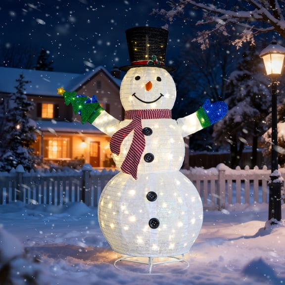 5.7FT Lighted Snowman Christmas Decoration, 200 Warm White LEDs, Classic Top Hat & Red Scarf, Pull-Up Design for Indoor, Outdoor Use