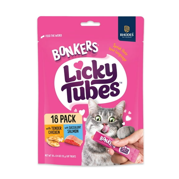 BONKERS Licky Tubes Chicken & Salmon Flavoured Wet Lickable Treats Treats for Cats, 18 Pack