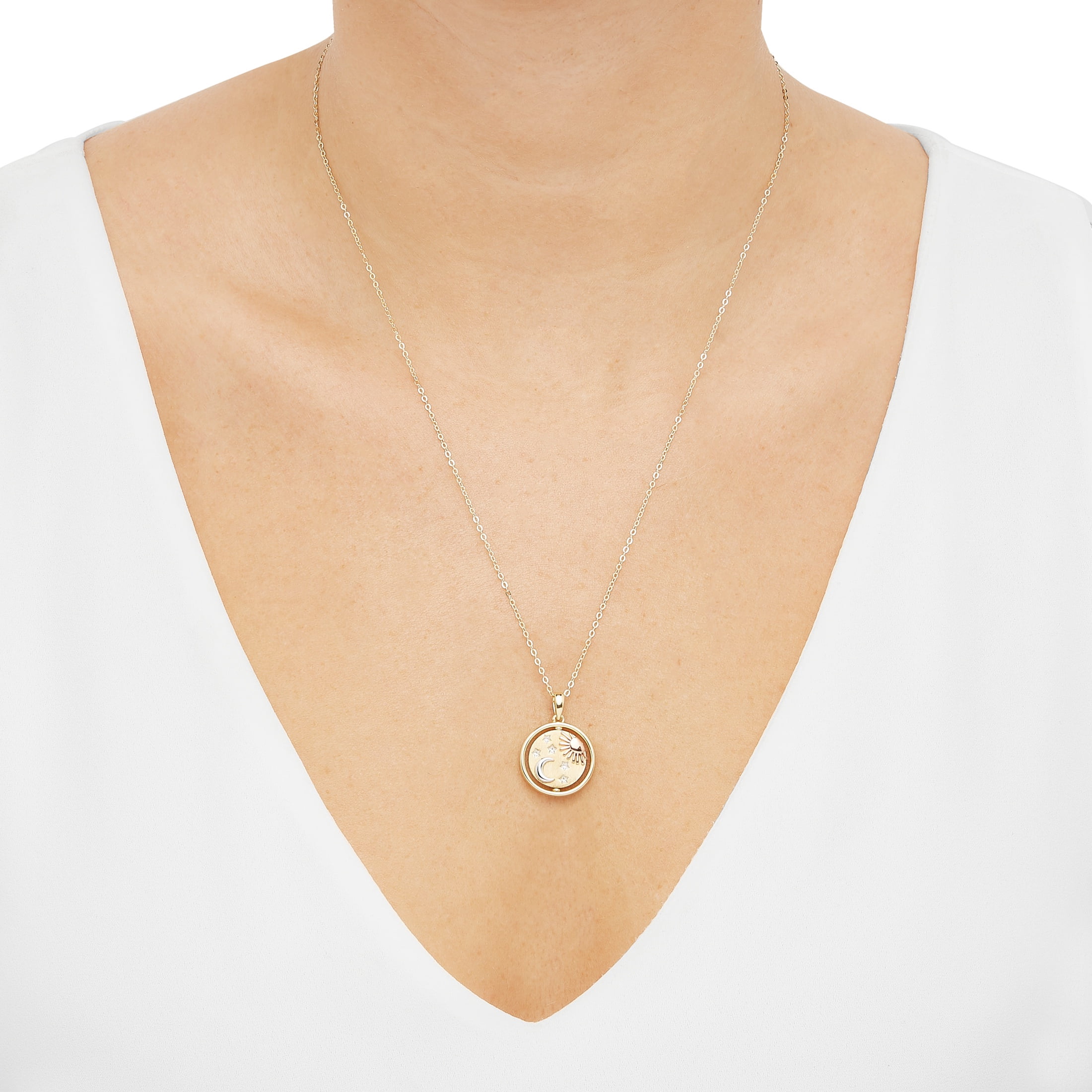 Brilliance Fine Jewelry Sterling Silver 14KT Gold Plated Spinning Sun Moon Circle Pendant Necklace, 20"