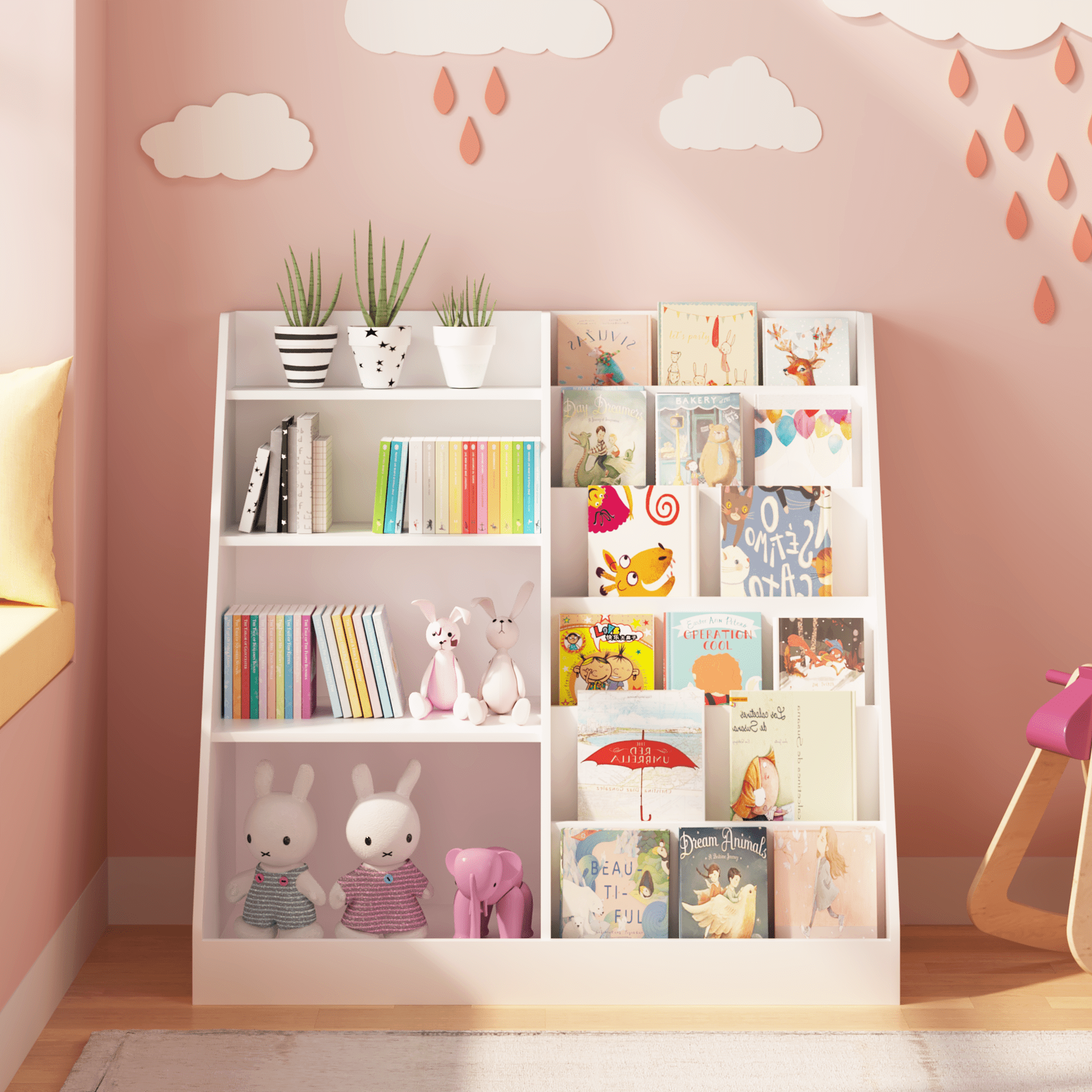 4-Tier Kids Bookshelf and Toy Storage Organizer, MDF Multifunctional Wooden Bookcase Display Stand, Freestanding Storage Shelf for Toddlers Kids Bedroom Playroom Nursery