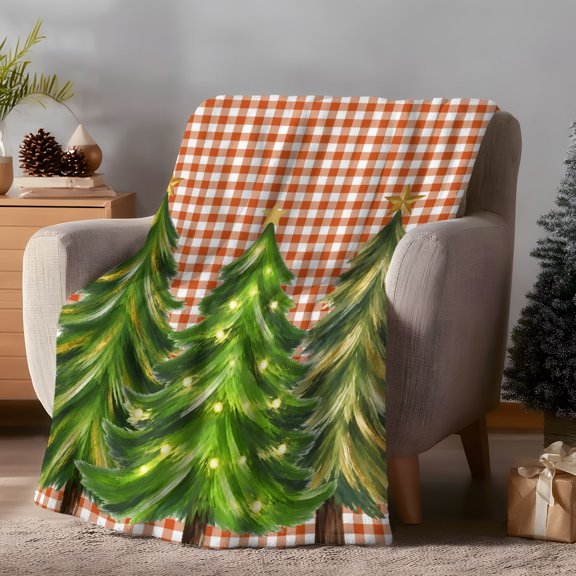 Throw Blanket Fleece Throw Blanket 30x40in, Green Christmas Trees Soft Lightweight Bed Blankets Red White Plaid Background Fuzzy Couch Blankets for All Season