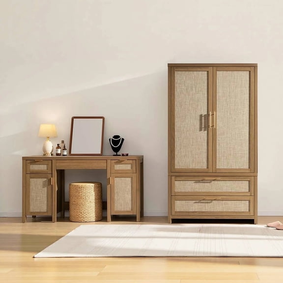 SICOTAS Boho Rattan Wardrobe Closet and Vanity Desk Set of 2 for Bedroom, 71" Tall Armoire Wardrobe with 2 Large Drawers & Adjustable Shelves, 52" Makeup Desk with 3 Drawers & 2 Storage Cabinets, Oak