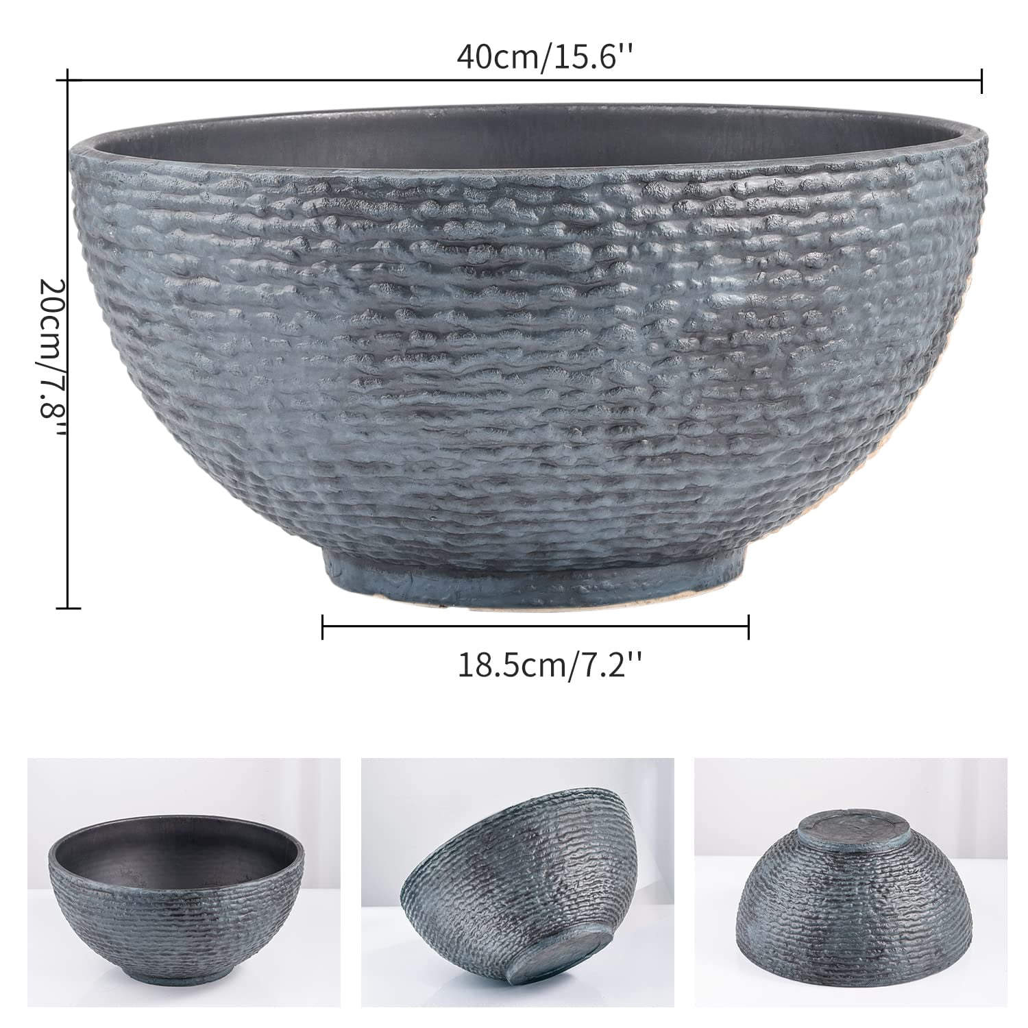 Sungmor Hydroponic Planter Large Garden Bowl Micro Landscape Succulent Pot, 15.6" Dia. 0.5" Thickened Big Water Lily Container - Resin Marble Texture Functional Mini Fish Pond Fountain Bird Bath