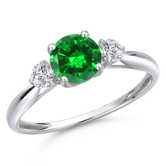 Gem Stone King 10K White Gold Green Created Emerald and Lab Grown Diamond 3-Stone Ring for Women | 1.22 Cttw | Round 6MM | Gemstone May Birthstone | Size 7