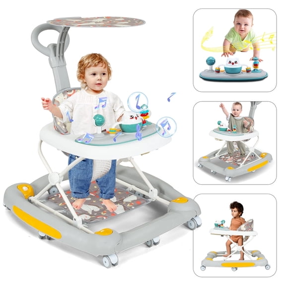 SIMANLI Baby Walkers with Removable Toy Tray & Musical Activity Station, Foldable Baby Walkers for Boys Girls Babies 6-36 Months, Gray