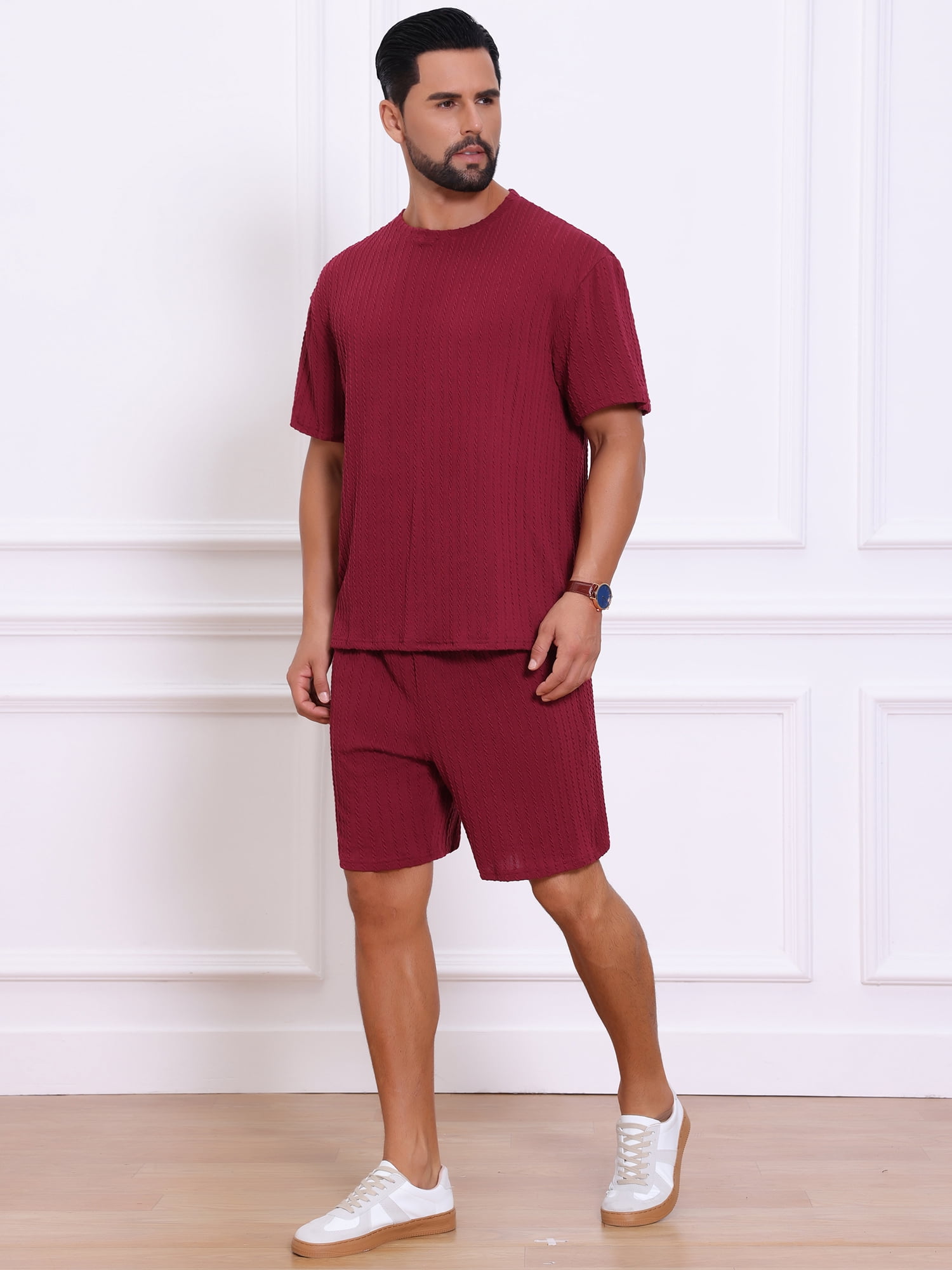 DARING DIVA Men's 2 Pieces Texture Crew Neck Shirt Top and Shorts Outfits 3XL Burgundy
