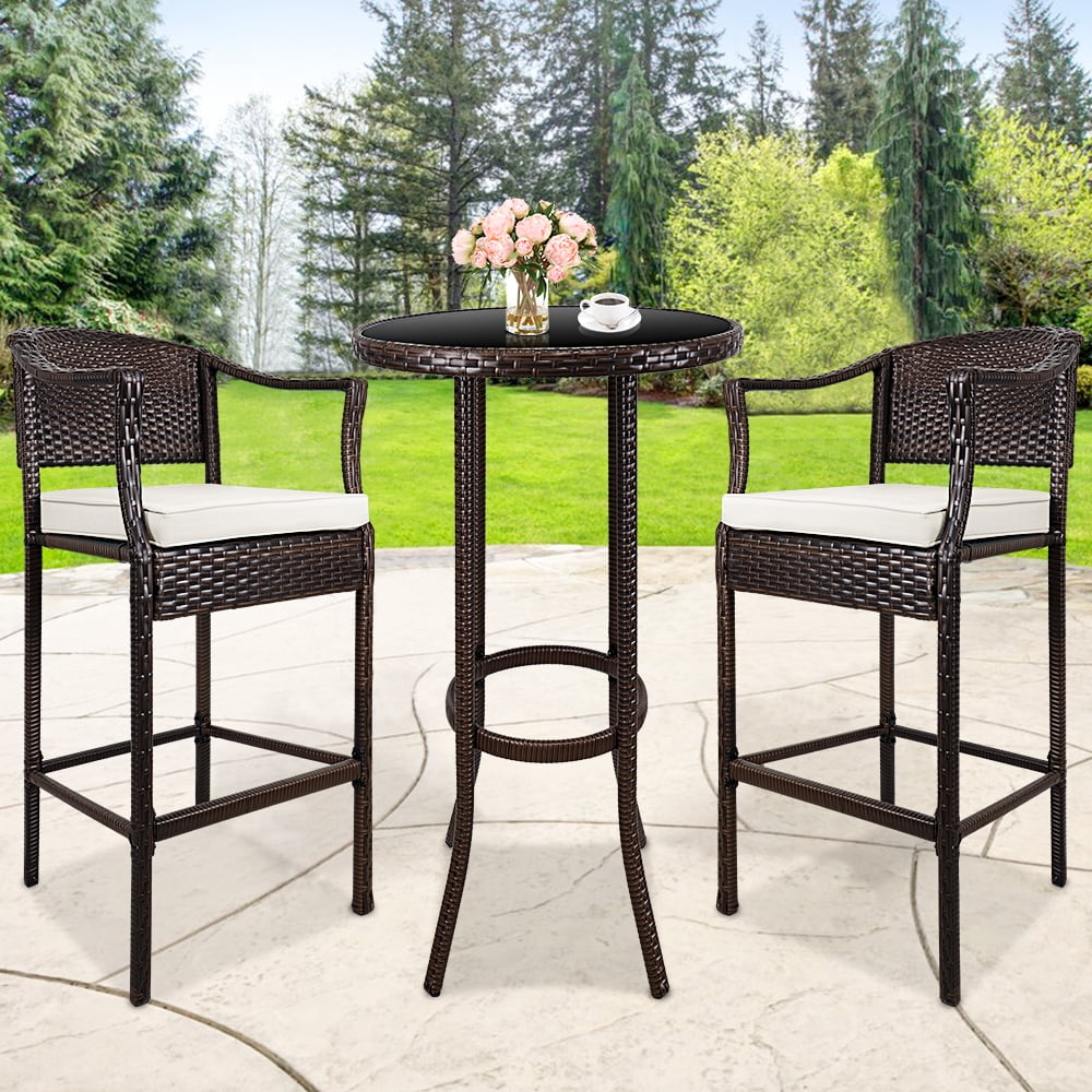 Leaptime Outside Rattan Bar Table and Stools Set Patio Garden Wicker Bar Bistro Set Black PE Rattan 2 stools 1 Table Beige Cushion 