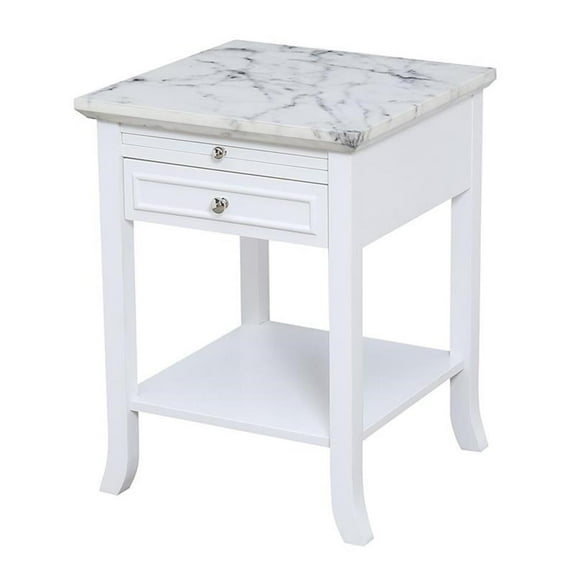 Pemberly Row Traditional End Table in White Wood & Faux Marble Top