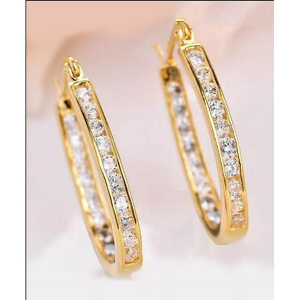 14K Gold with Swarovski Crystal In and Out Hoop Earrings - Image 3