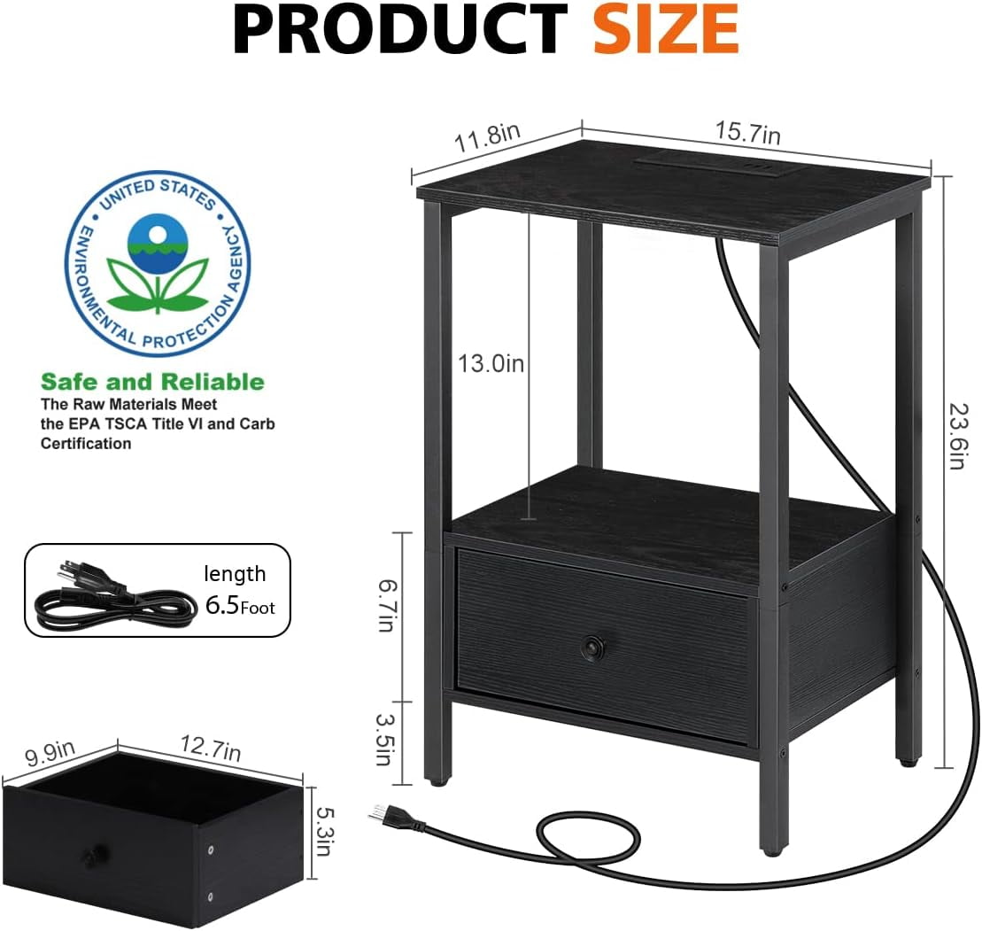 Nightstand Bottom Wood Drawer with Chargers Black ,Set of 2