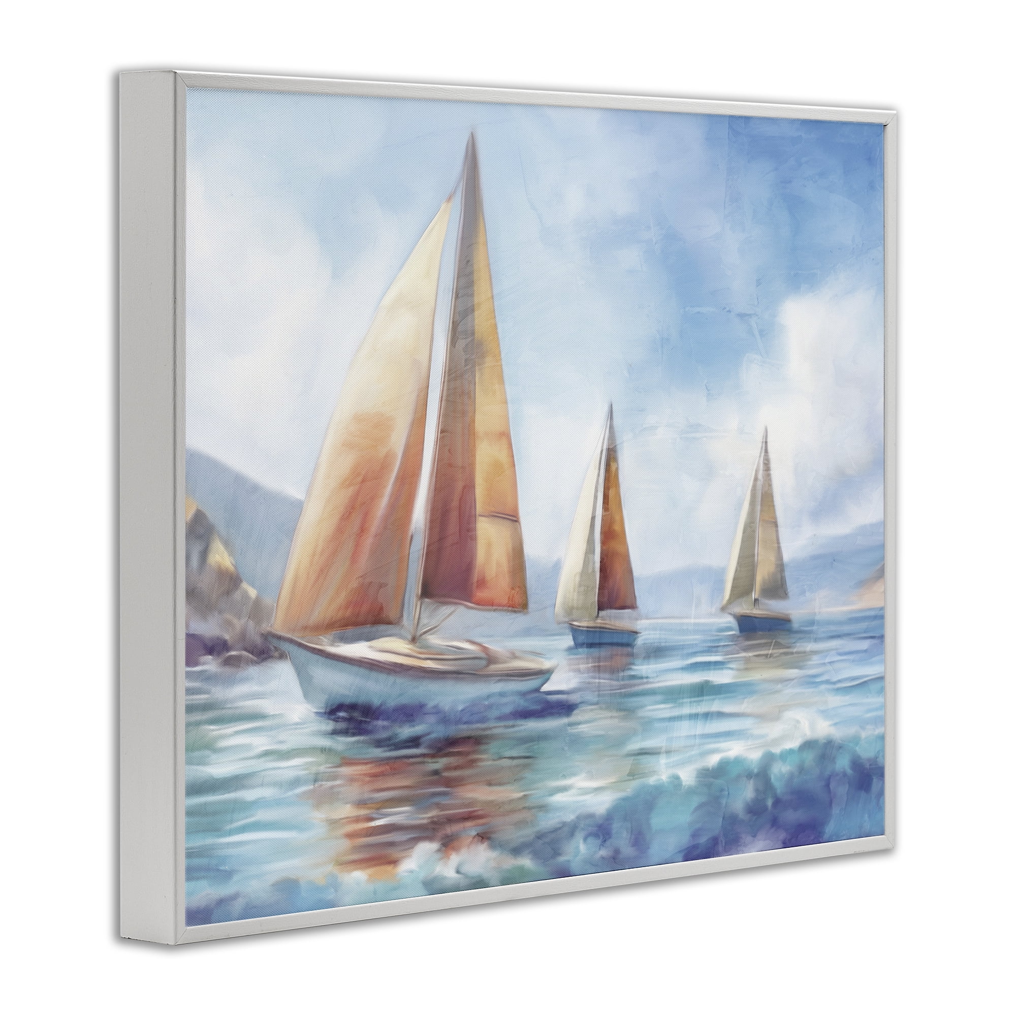 Stupell Industries Three Boats Drifting Coastal Painting White Framed Art Print Wall Art, 30 x 24
