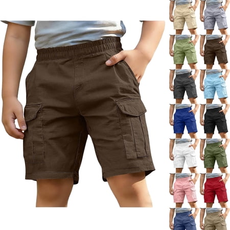 DJDLJWCJ Teen Boys Cargo Shorts 5-15 Cotton Linen Straight Leg Baggy Shorts Elastic Waist School Uniform Shorts with Pocket Brown Size 12