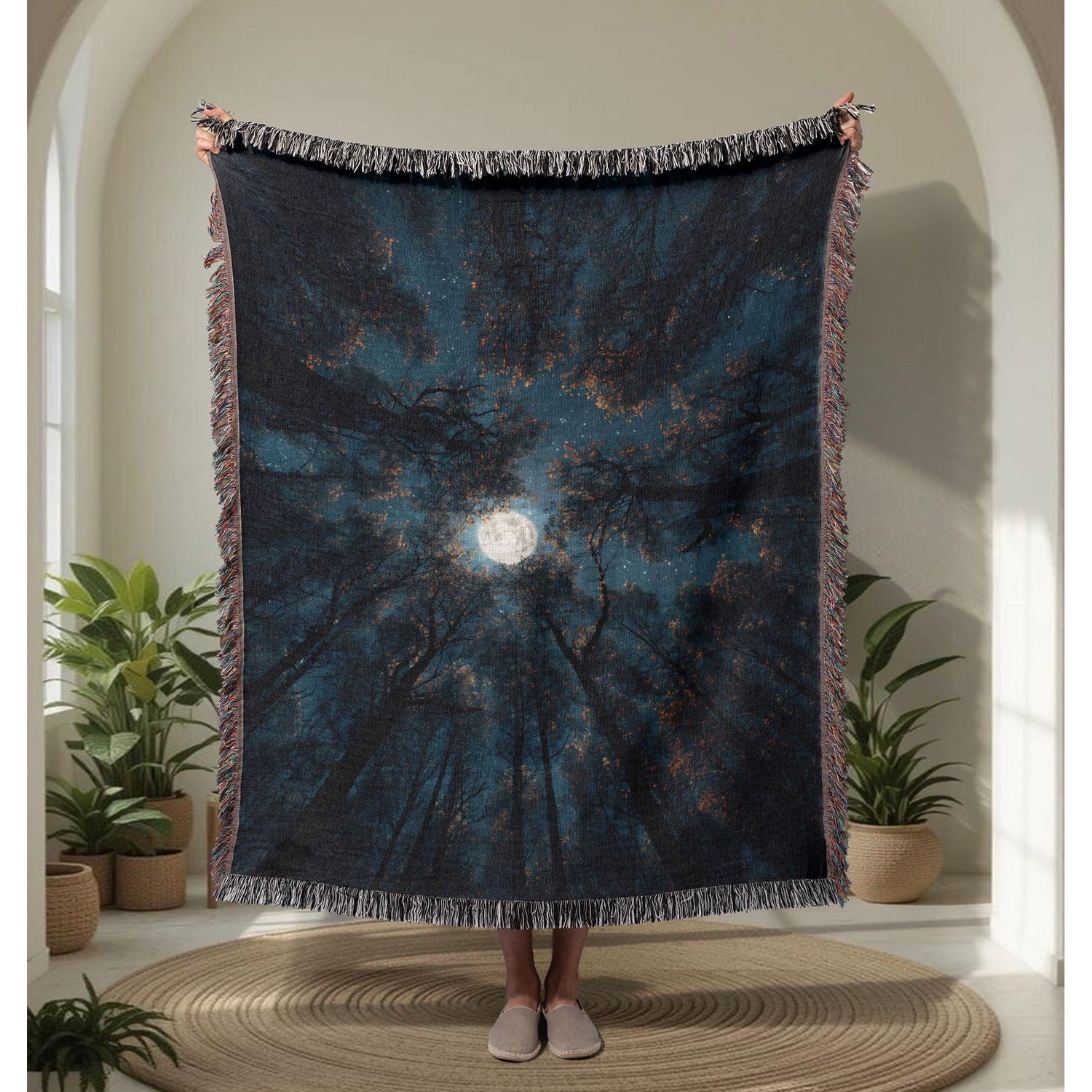 Moonlit Woodland Woven Throw Blanket Cotton with Fringed Edges for Cozy Home Decor