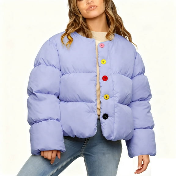UQJfacai Cropped Puffer Jacket Womens Winter Thicken Warm Button Down Padded Short Quilted Jackets Casual Crewneck Warm Coats Outerwear