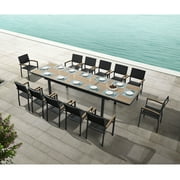 Heck 13 Pieces Aluminum Outdoor Dining Set for 12 Person, FSC Teak Patio Extendable Tabletop and Stackable Chairs, Charcoal Black